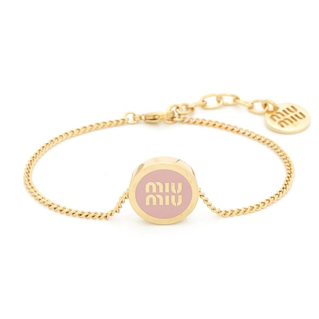 Miu Miu round enamel bracelet with gold chain and purple-pink logo charm, side tag