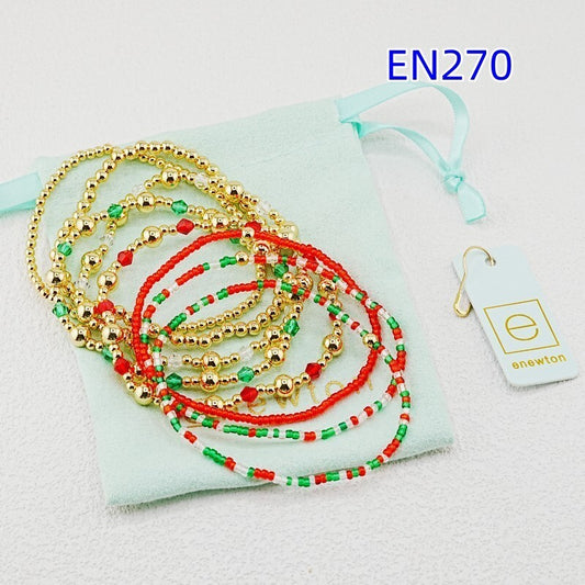 8-piece beaded bracelet set with red, green and gold bead strands