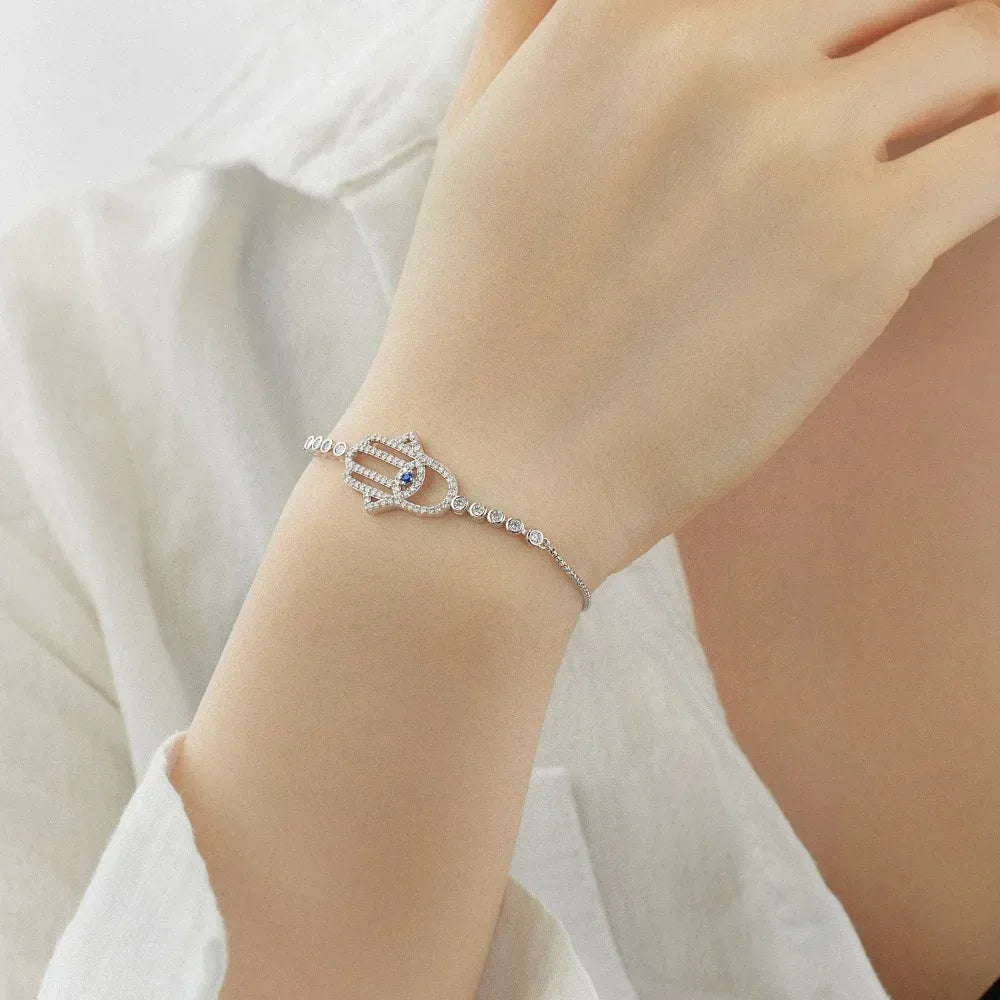 Sterling Silver Hamsa Hand Bracelet with Zircon - JIMMY JEWELRY 01