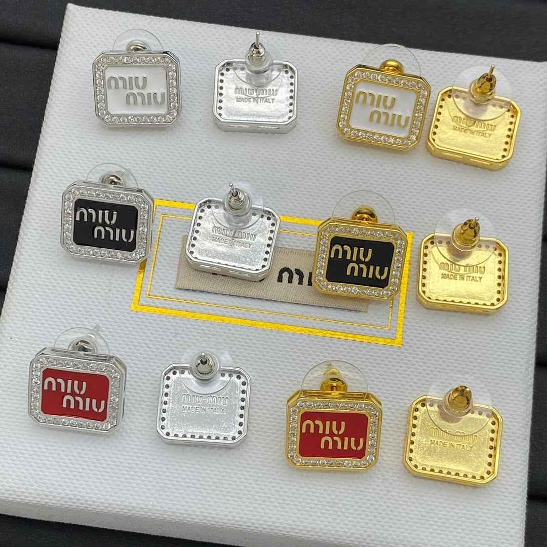 Square enamel earrings set with multiple logo colors, gold and silver-tone frames