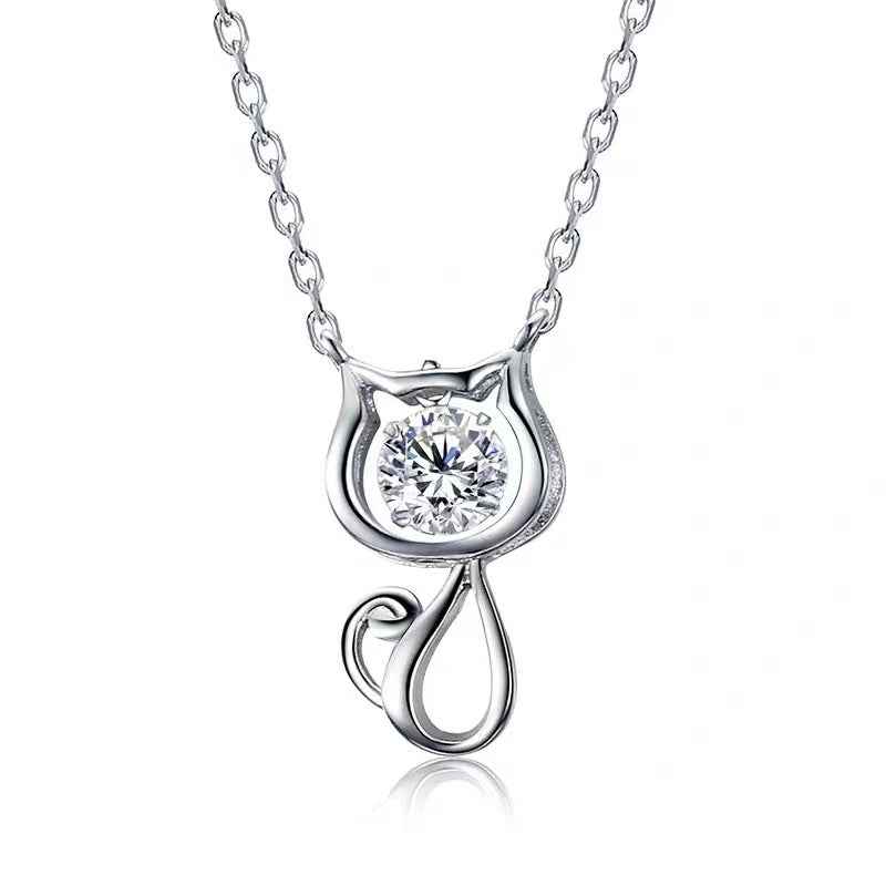 Crystal Silver Cute Cat Necklace