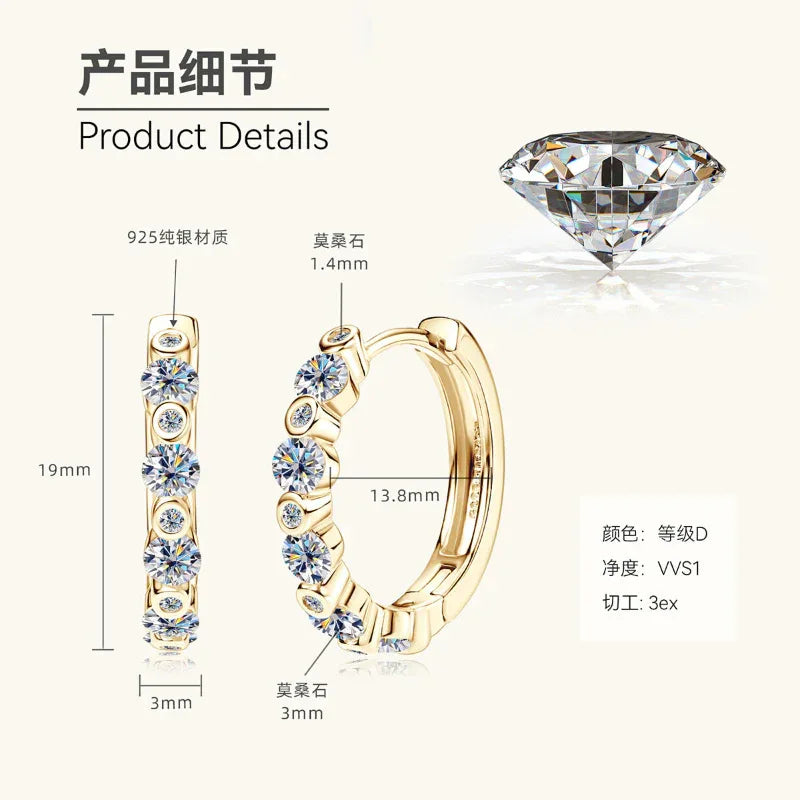 Gold moissanite hoop earring size diagram with five round stones
