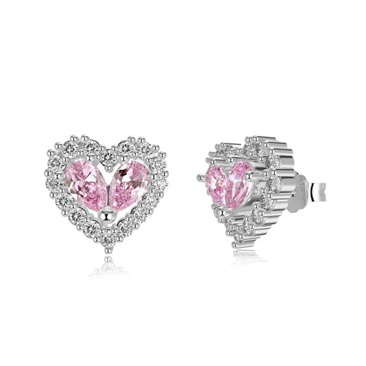 Heart stud earrings, silver-toned with pink zirconia stones, halo cluster design
