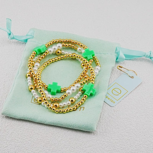 4-piece pearl beaded stackable bracelet set with green cross beads