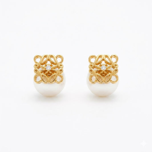 Gold-tone filigree square pearl stud earrings with clear crystal centers