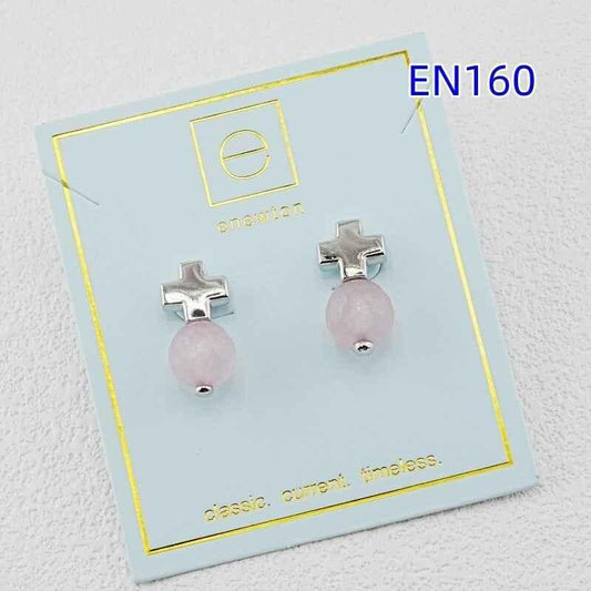 White gold cross earrings with pink round crystal drops, stud-back style.
