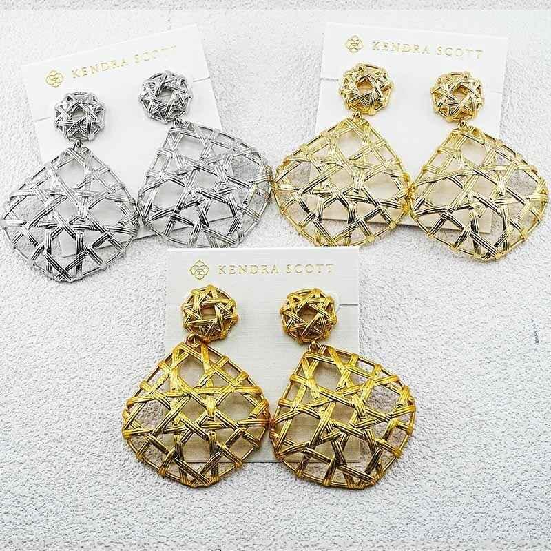 Gold-tone openwork braid dangle earrings with round stud and lattice geometric drop