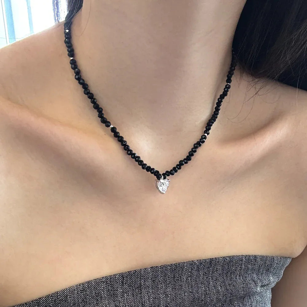Black bead chain heart pendant necklace with clear zirconia heart charm