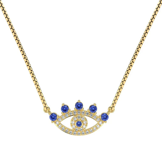 Evil eye pendant necklace with gold chain, blue CZ stones, and round center