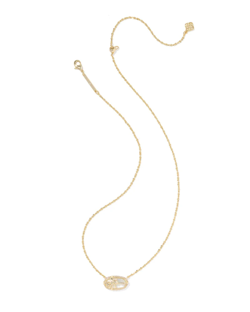 Gold-plated bow pendant necklace with oval clear stone pendant and pavé accents, slim chain