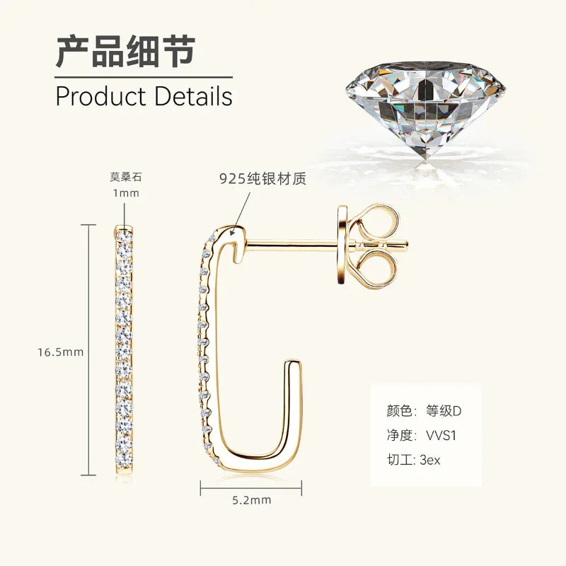 U-shaped pavé hoop earrings product diagram with stone-studded U profile and back post