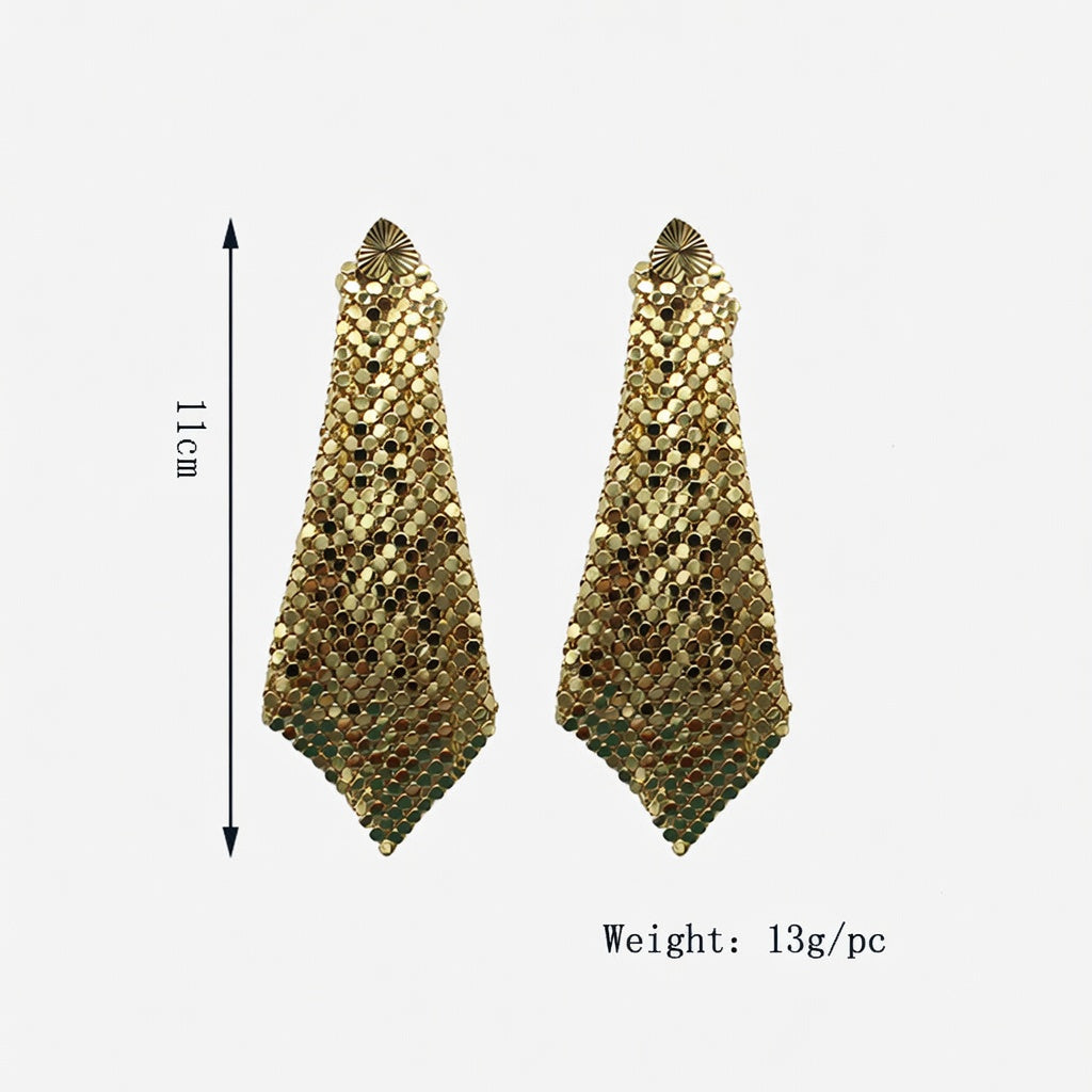 Gold tone sequin statement drop earrings with round studs, faceted fringe
