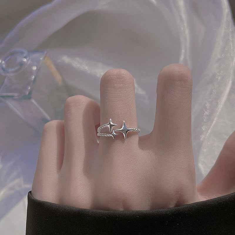 Sterling Silver Star Ring - Double Star Open Band Design - JIMMY JEWELRY 01