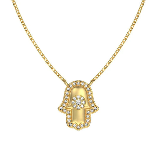 Gold hamsa hand pendant necklace with clear stones and evil eye motif
