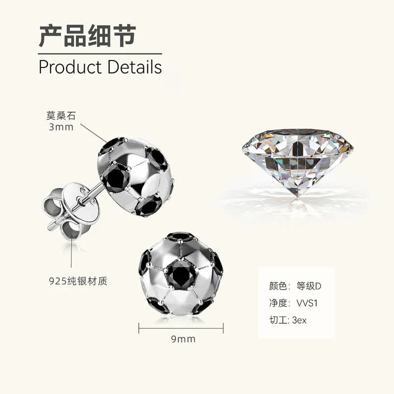 Sterling silver soccer ball stud earring diagram with black crystal ball and 9mm size