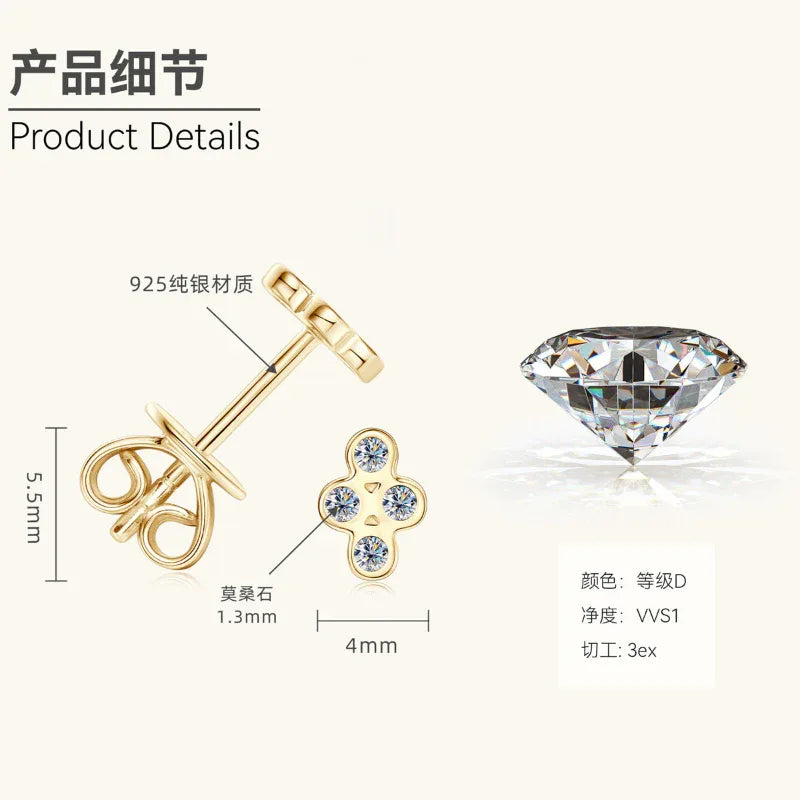 925 gold four-leaf clover stud earrings, four round stones with clasp posts