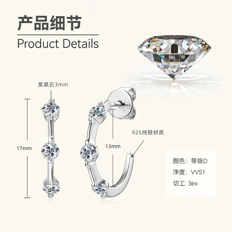 C-hoop earring diagram showing three round stones and 925 metal details.