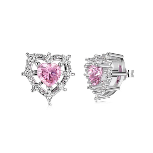 Heart-shaped S925 silver stud earrings with pink center stone and sparkling halo