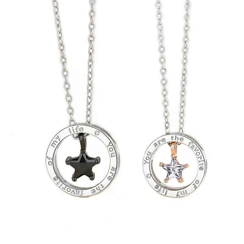 S925 sterling silver star couple necklace five-pointed star circle pendant - JIMMY JEWELRY 01