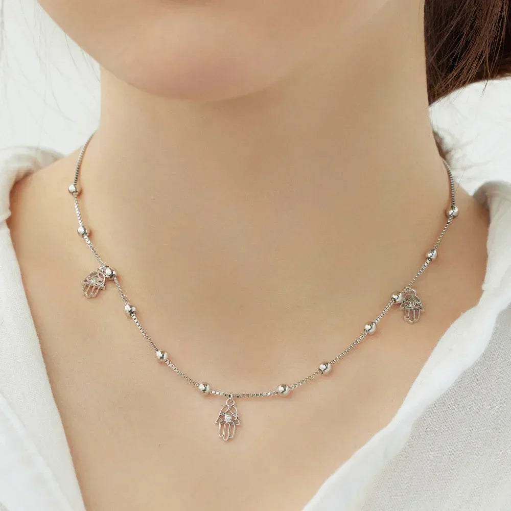 Silver hamsa hand charm pendant necklace on beaded box chain