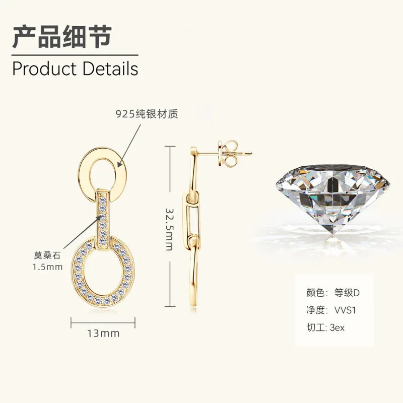 Gold moissanite double oval drop earrings with oval halo stones and pavé details