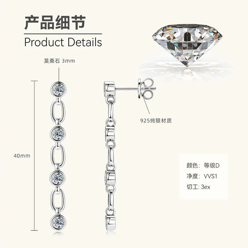 White-gold S925 sterling silver drop earrings, three round moissanite stones on links