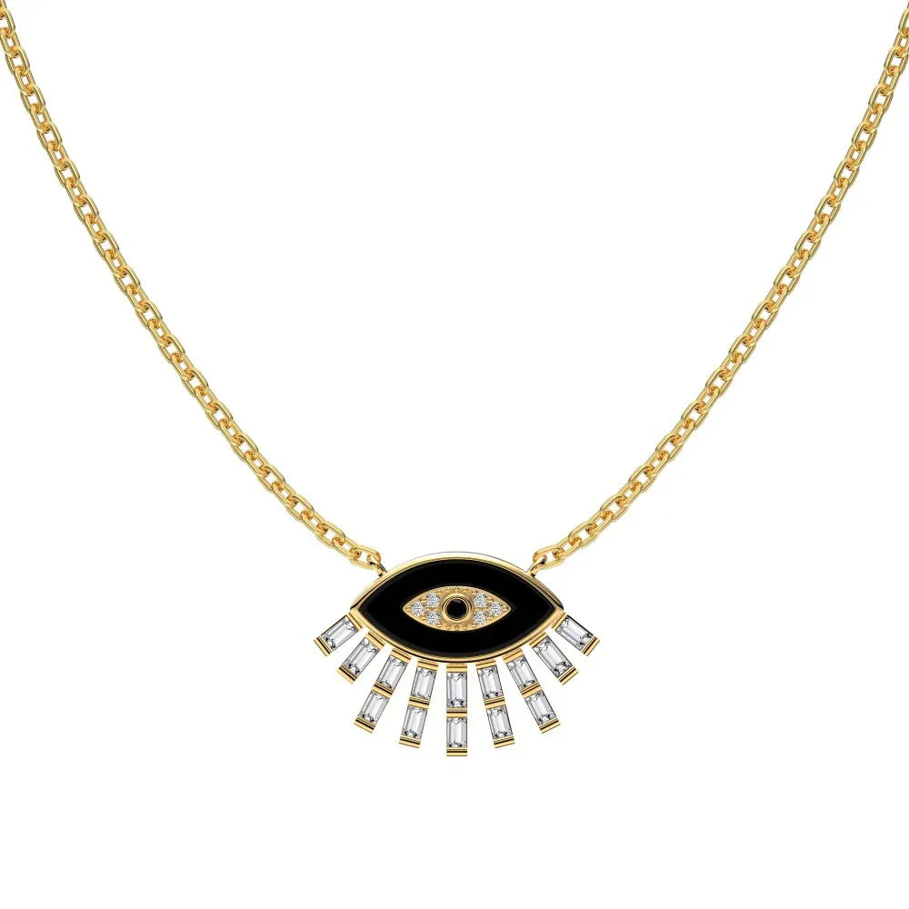 Gold-tone evil eye pendant necklace, black enamel center with crystal ray fringe