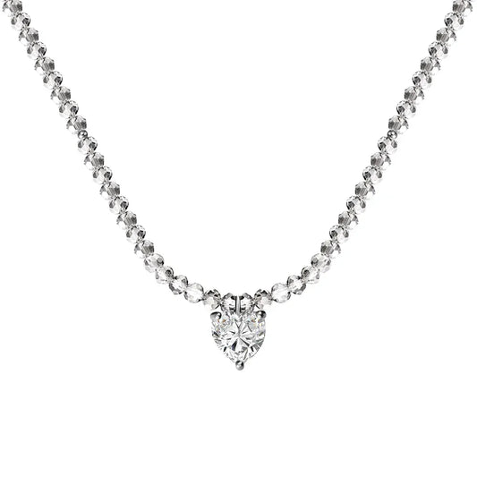 Rhodium-plated heart pendant necklace with clear zirconia and faceted crystal bead chain