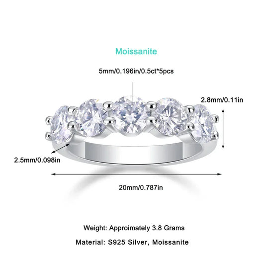 Silver moissanite ring with five round stones and smooth band profile