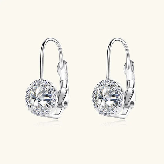 White gold-tone halo moissanite drop earrings with leverback, round center stone, pavé border