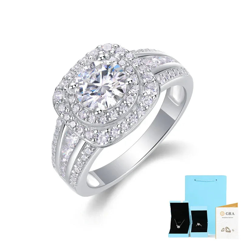S925 silver moissanite halo wedding ring with round center stone and pave band, 3/4 view