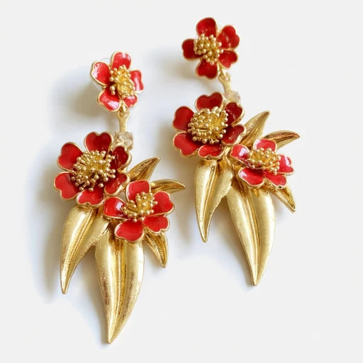 Oscar de la Renta Enamel Floral Drop Earrings Gold-Plated