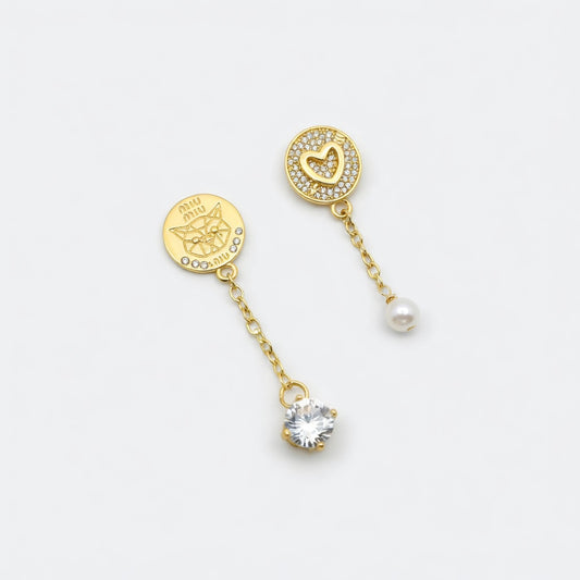 Miu Miu Asymmetrical Diamond & Pearl Tassel Earrings | Gold
