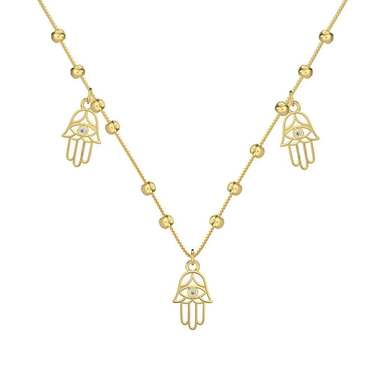Gold hamsa hand and eye pendant necklace with beaded box chain, CZ details