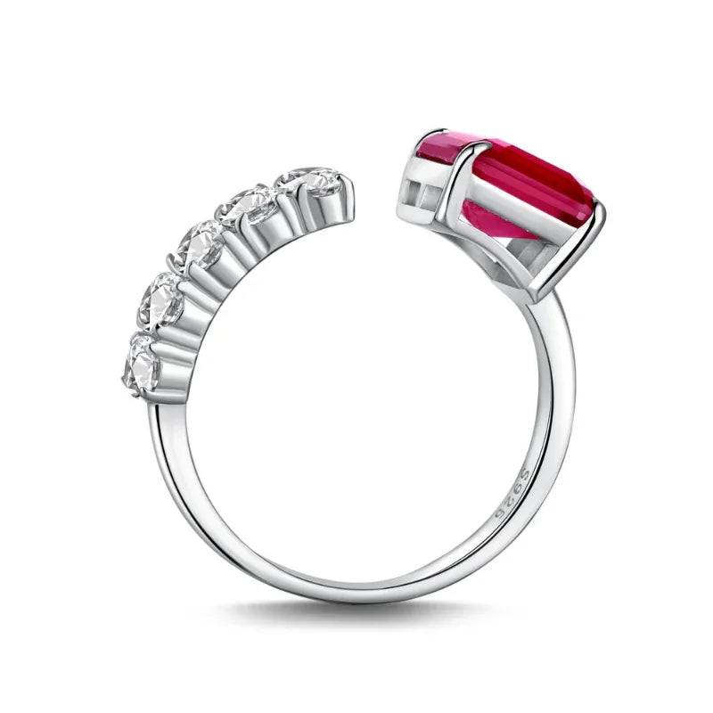 S925 silver ring side view with red rectangular stone set