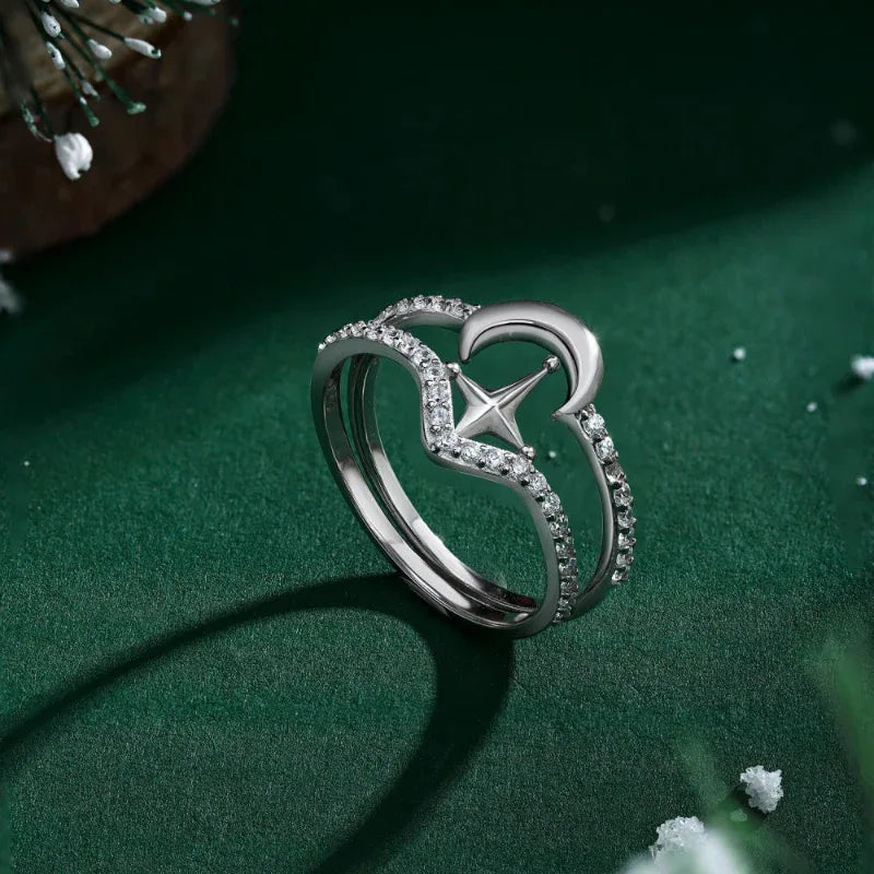 Silver-tone crescent moon and star charm ring with pavé sparkle