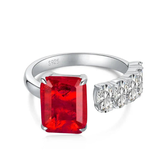 S925 silver ring with red square gemstone and clear pave band