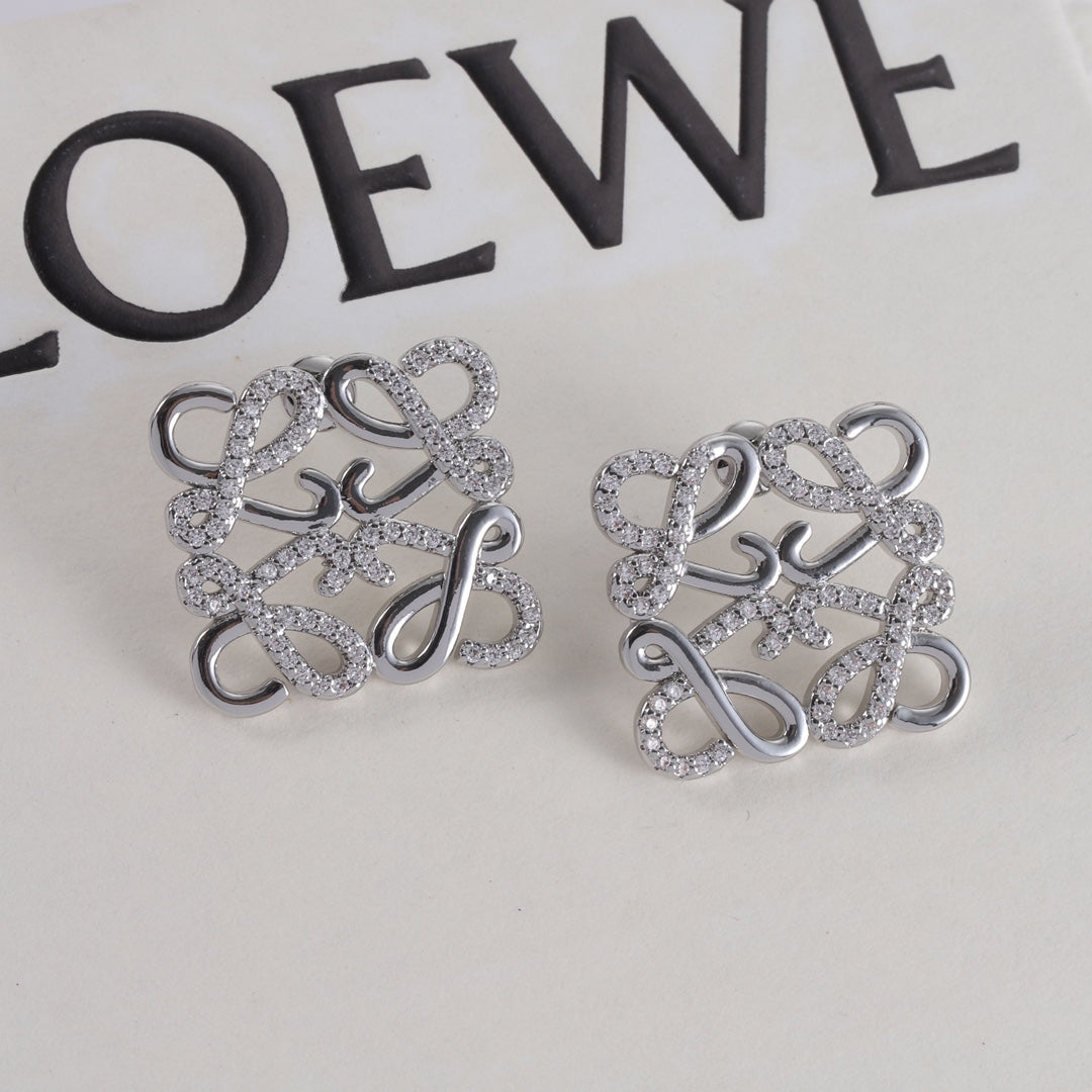 LOEWE square stud earrings with hollow logo, silver-tone metal and clear pavé stones.