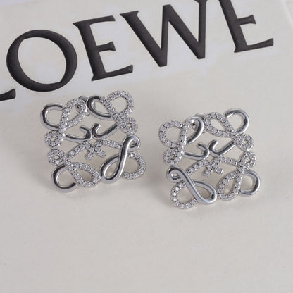LOEWE square stud earrings with hollow logo, silver-tone metal and clear pavé stones.