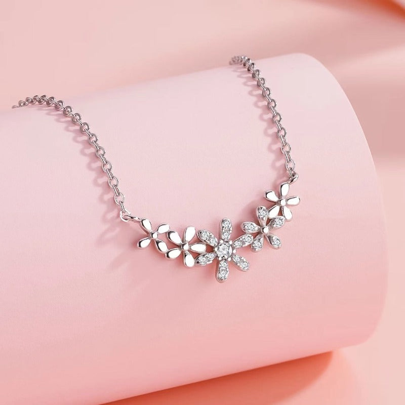 tiny diamond flower necklace silver