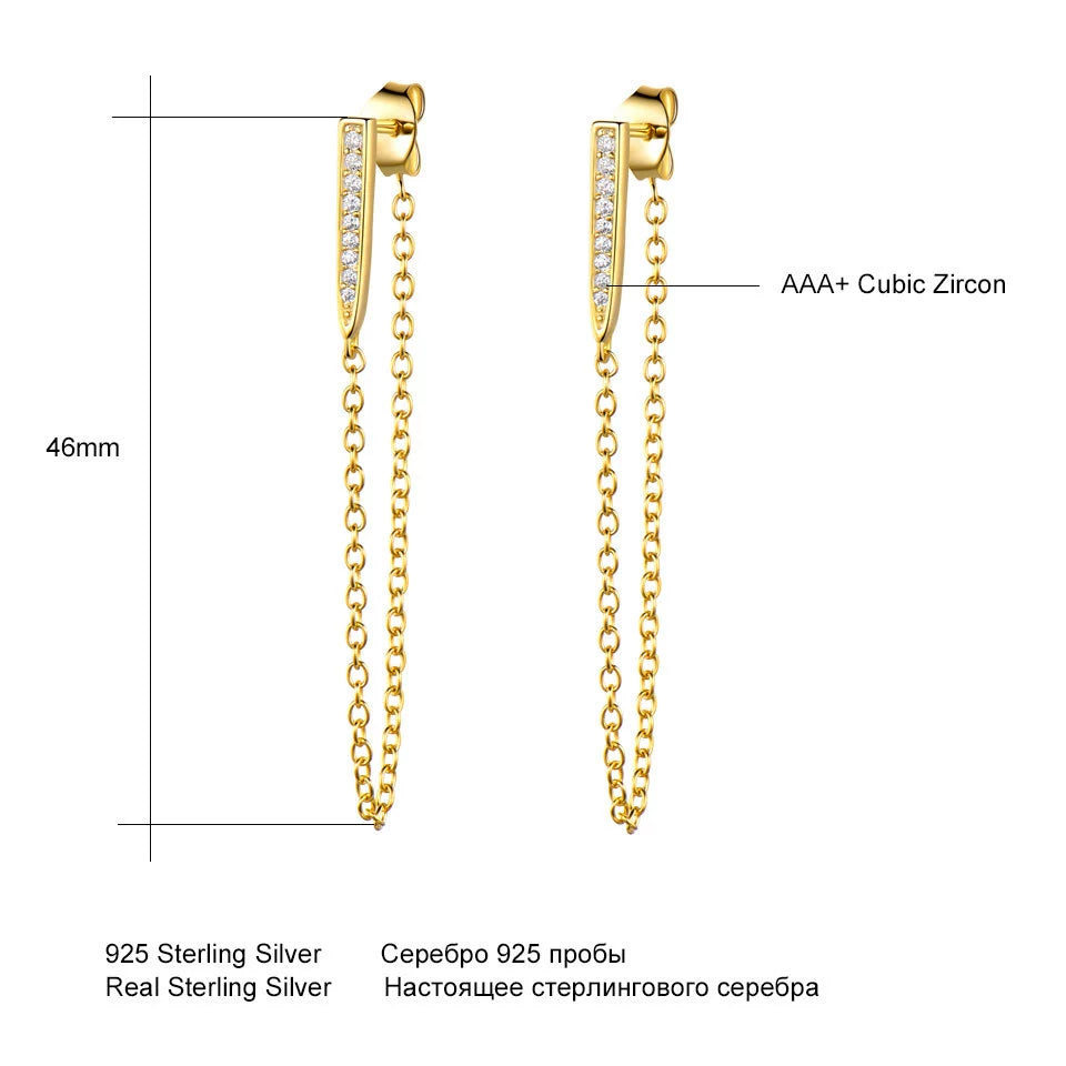 S925 Silver CZ Bar Chain Drop Earrings 46mm Dangle | JIMMY JEWELRY