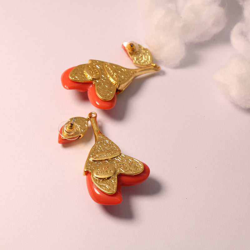 Oscar de la Renta Coral Red Resin Floral Necklace & Stud Earring Set