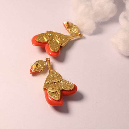 Oscar de la Renta Coral Red Resin Floral Necklace & Stud Earring Set