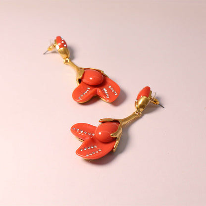 Oscar de la Renta Coral Red Resin Floral Necklace & Stud Earring Set