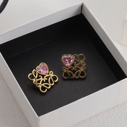 Gold-tone heart zircon earrings with pink stones in openwork square design