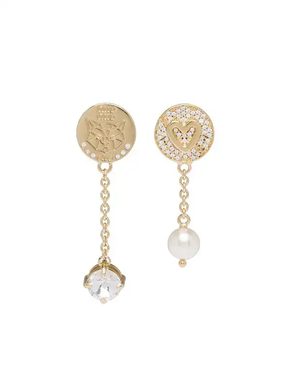 Miu Miu Asymmetrical Diamond & Pearl Tassel Earrings | Gold