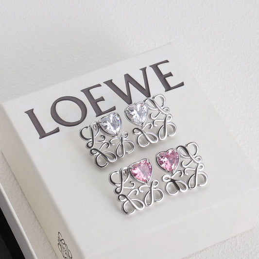 LOEWE heart zircon square earrings on card: silver-tone with clear and pink stones
