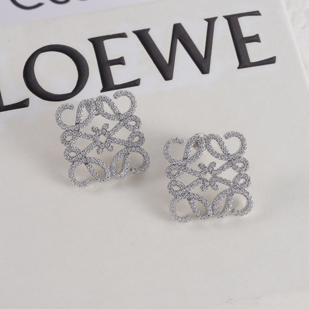 LOEWE square stud earrings with hollow logo, silver-tone and clear pavé stones.