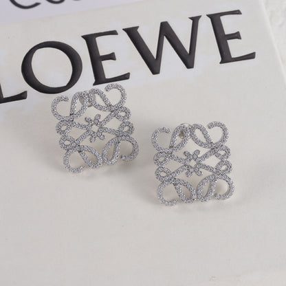 LOEWE square stud earrings with hollow logo, silver-tone and clear pavé stones.