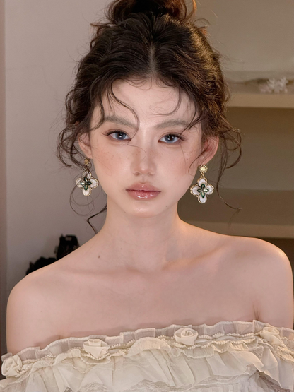 Vintage White Mother-of-Pearl Four-Leaf Clover Earrings